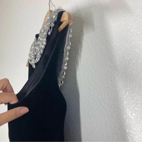 Joseph Magnin Vintage 70s Dress M velvet Embellished Black Silver stones Glam - Picture 13 of 16